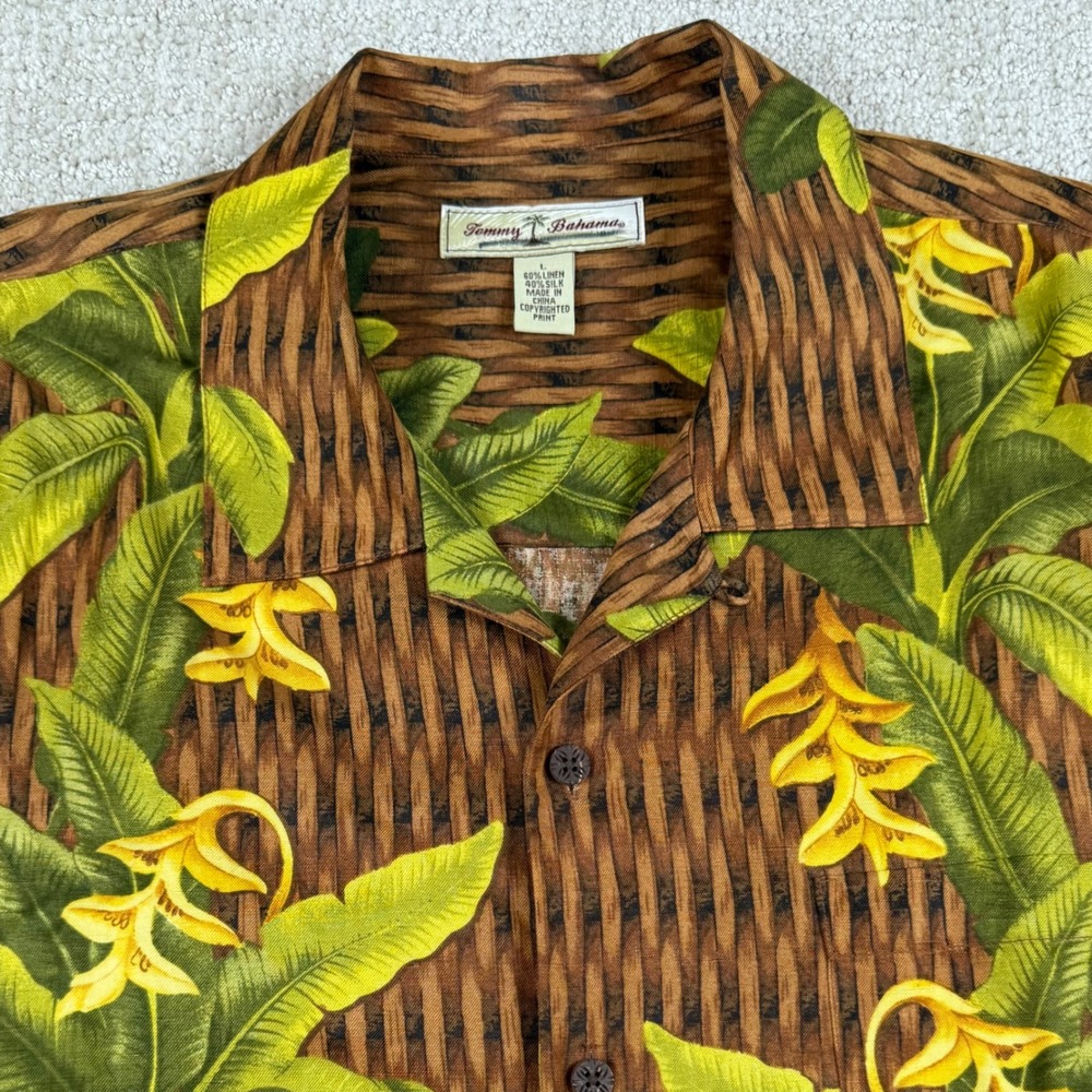 Tommy Bahama Mens Large Brown Tropical Linen Silk Floral Basketweave Camp Shirt